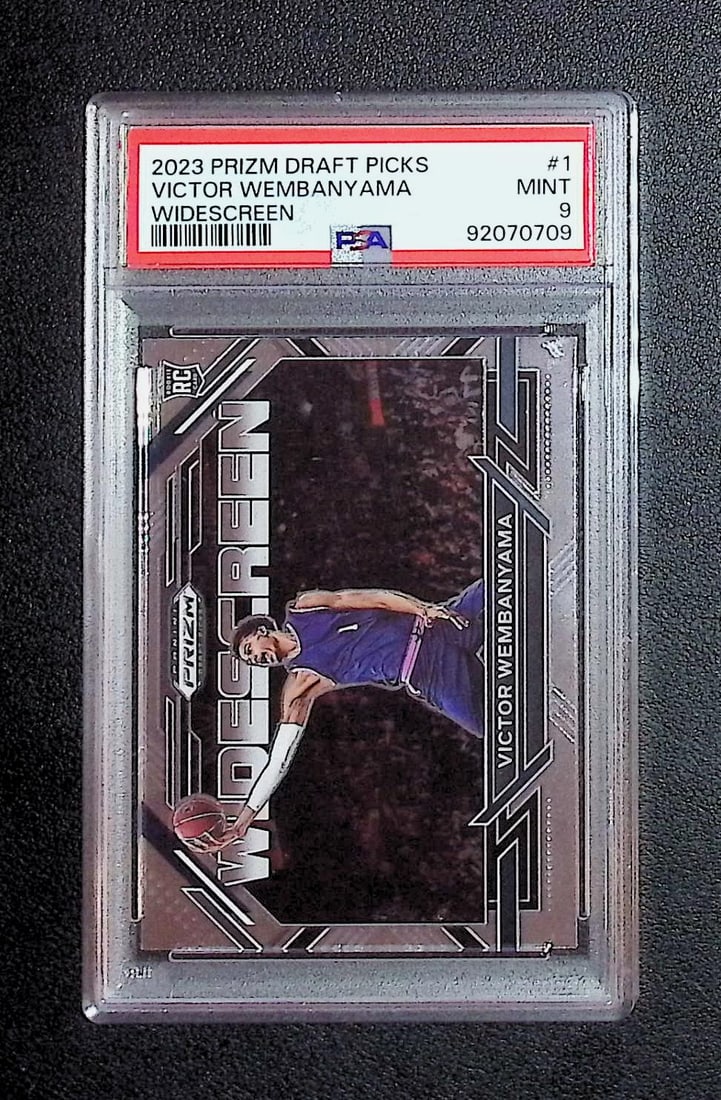 Victor Wembanyama Rookie Draft Picks Widescreen PSA Mint Grade 9 2023 Panini #1: Panini Select, Prizm, Mosaic, Contenders, Revolution, Phoenix, NBA Hoops, Rookie NFL Sports Trading Cards, Silver, SP, SSP, Wave Prizms, Numbered Cards, Basketball sports Cards for Sale Near Me, NBA
