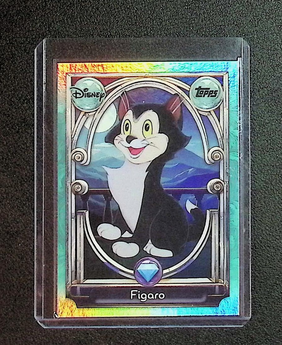 Figaro Disney Refractor 2025 Topps #109: Disney Topps Trading Cards of Movies & Television Shows, Refractors, Ray Waves, Numbered Rare Cards. Darth Vader, Luke Skywalker, Princess Leia, Mandalorian, Yoda, Grogu, Han Solo, Rebellion, Imperial