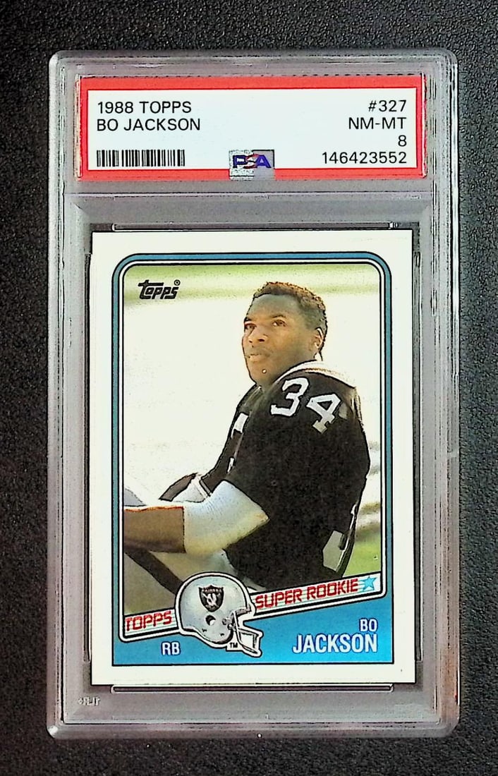 Bo Jackson Supper Rookie PSA 8 1988 Topps #327: Topps Football NFL Trading Sports Cards, Sports Cards for Sale Near Me, Super Bowl & Hall of Fame Player Cards, Resurgence, Composite, SP, SSP, Valuable Auction Memorabilia Lots For Sale On Line