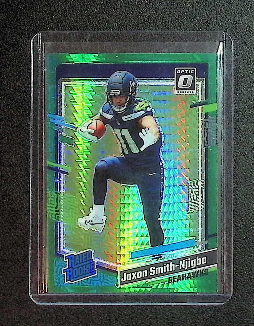 Jaxon Smith-Njigba Rookie Card Green Hyper Prizm 2023 Donruss Optic #293: Panini Select, Prizm, Mosaic, Contenders, Zenith, Phoenix, Illusions, Absolute, Rookie NFL Sports Trading Cards, SP, SSP, Cards, Football Cards for Sale Near Me, Superbowl & Hall of Fame Player Cards,