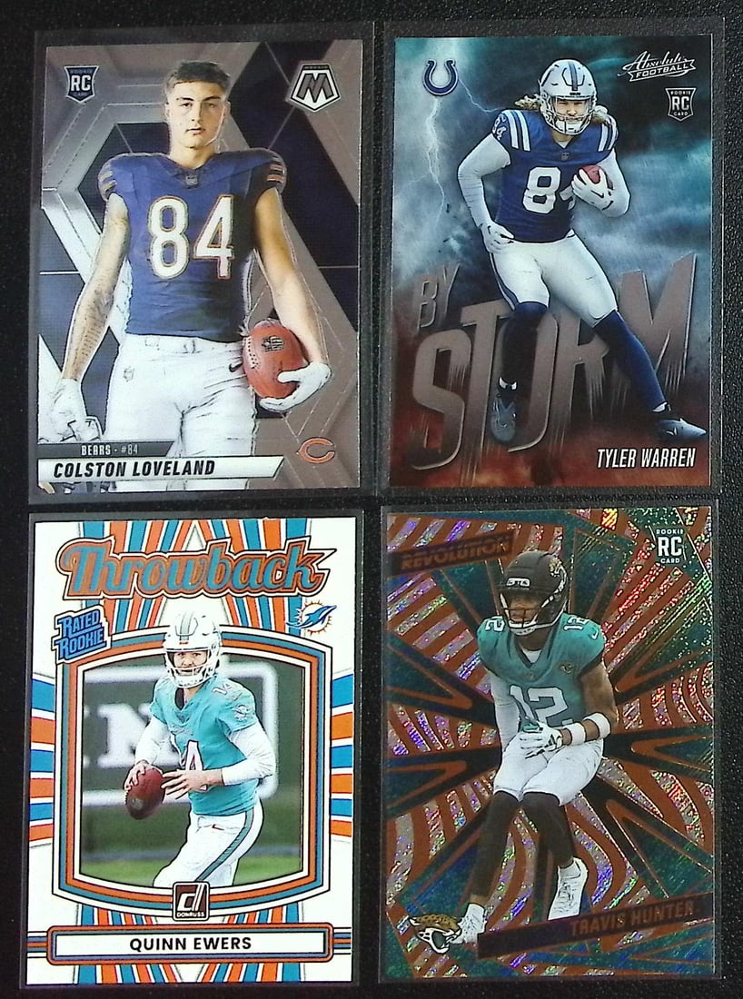 Lot of 4 2025 Panini NFL Rookie Cards. Loveland, Warren, Ewers, Hunter: Panini Select, Prizm, Mosaic, Contenders, Zenith, Phoenix, Illusions, Absolute, Rookie NFL Sports Trading Cards, SP, SSP, Cards, Football Cards for Sale Near Me, Superbowl & Hall of Fame Player Cards,