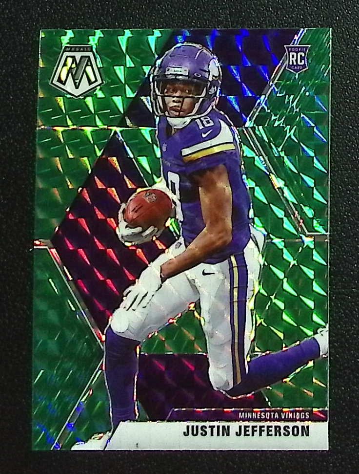 Justin Jefferson Rookie Card Green Mosaic Prizm 2020 Mosaic #209 Minnesota Vikings: Panini Select, Prizm, Mosaic, Contenders, Zenith, Phoenix, Illusions, Absolute, Rookie NFL Sports Trading Cards, SP, SSP, Cards, Football Cards for Sale Near Me, Superbowl & Hall of Fame Player Cards,