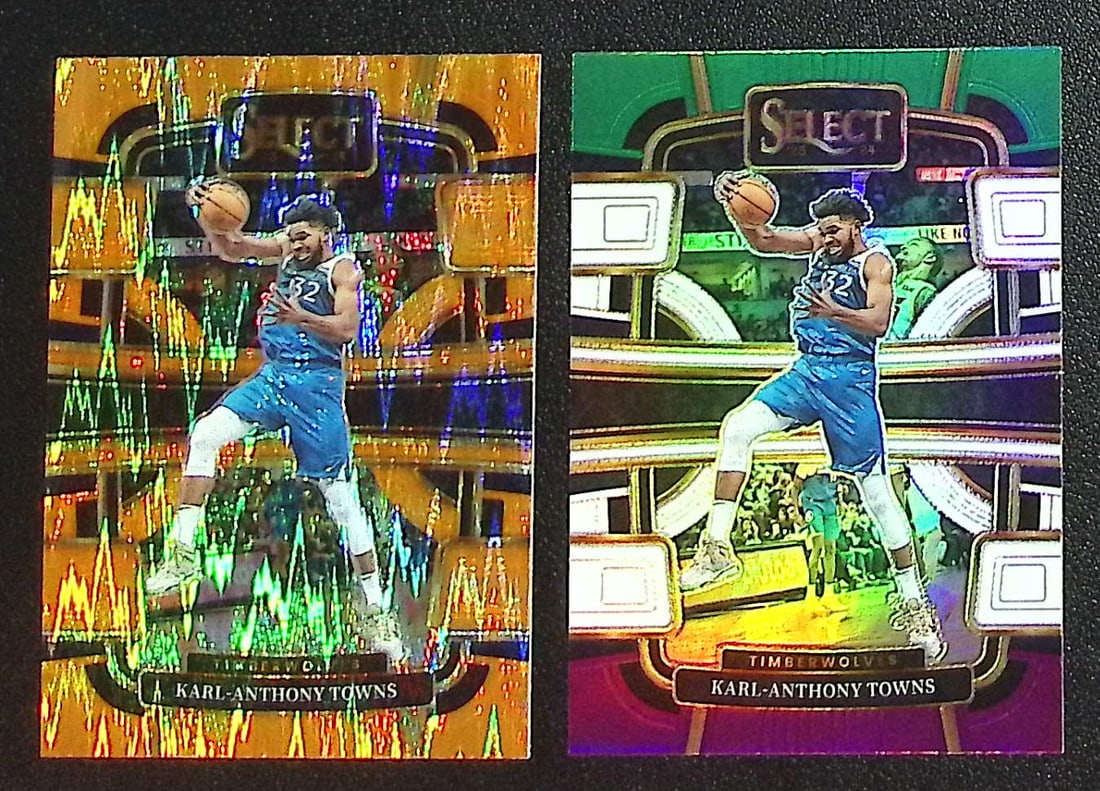 Lot of 2 Karl-Anthony Towns 2023-24 Select Prizms. Orange Flash & Green White Purple: Panini Select, Prizm, Mosaic, Contenders, Revolution, Phoenix, NBA Hoops, Rookie NFL Sports Trading Cards, Silver, SP, SSP, Wave Prizms, Numbered Cards, Basketball sports Cards for Sale Near Me, NBA C