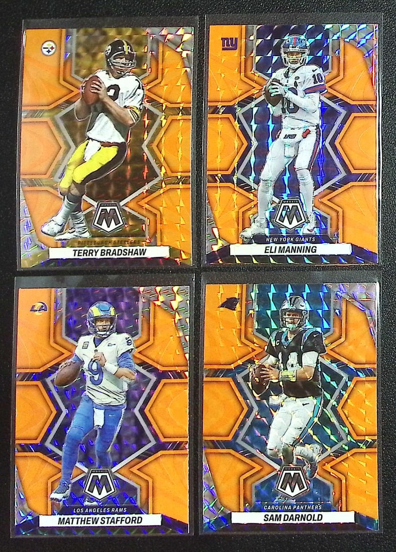 Lot of 4 2022 Mosaic NFL QB Orange Reactive Prizms. Bradshaw, Eli Manning, Stafford, Darnold (1 of 2)