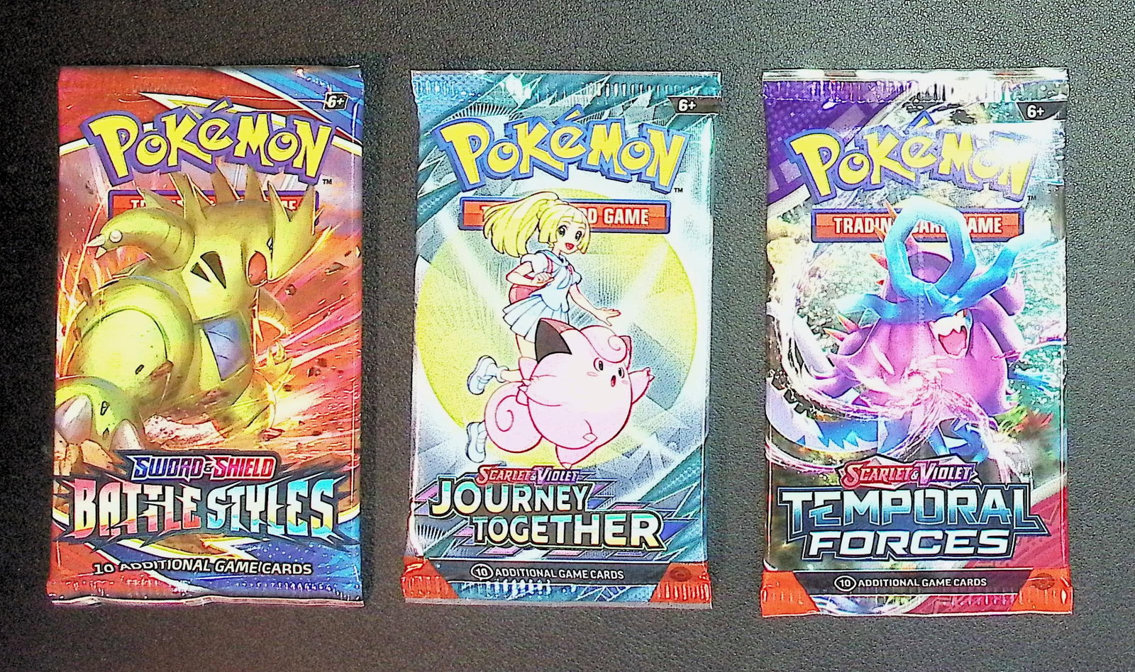 3 COUNT: 1 - Pokemon Battle Styles, 1 - Journey Together, & 1 -Temporal Forces Booster Packs: Pokemon Trading Card Game Cards, Charizard, Pikachu, Mewto, EX, Referse Holo, Holo Rare Cards, Secret Rare Cards, Full Art Cards, Evee, 3 Stars Ultra Rare Cards, Double Rare, Illustration Rare, Specia