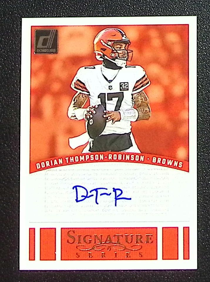 Dorian Thompson-Robinson Signature Series Auto 2024 Donruss #SSE-DTR Browns: Panini Select, Prizm, Mosaic, Contenders, Zenith, Phoenix, Illusions, Absolute, Rookie NFL Sports Trading Cards, SP, SSP, Cards, Football Cards for Sale Near Me, Superbowl & Hall of Fame Player Cards,