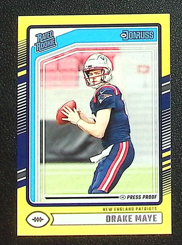 Drake Maye Rookie Card Yellow Press Proof 2024 Donruss #379 New England Patriots: Panini Select, Prizm, Mosaic, Contenders, Zenith, Phoenix, Illusions, Absolute, Rookie NFL Sports Trading Cards, SP, SSP, Cards, Football Cards for Sale Near Me, Superbowl & Hall of Fame Player Cards,