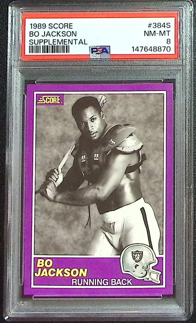 Bo Jackson 1989 Score Supplemental #384S PSA 8 Raiders: Panini Select, Prizm, Mosaic, Contenders, Zenith, Phoenix, Illusions, Absolute, Rookie NFL Sports Trading Cards, SP, SSP, Cards, Football Cards for Sale Near Me, Superbowl & Hall of Fame Player Cards,