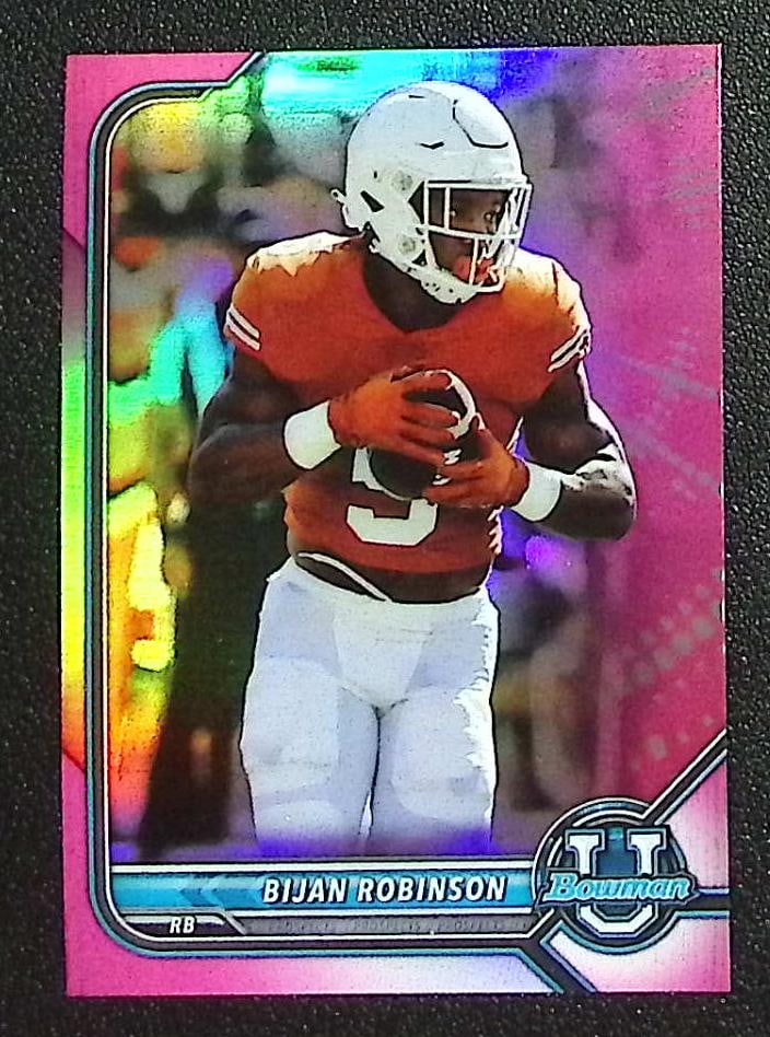 Bijan Robinson Pink Refractor 2022 Bowman U Chrome #95 Texas, Atlanta Falcons: Topps Football NFL Trading Sports Cards, Sports Cards for Sale Near Me, Super Bowl & Hall of Fame Player Cards, Resurgence, Composite, SP, SSP, Valuable Auction Memorabilia Lots For Sale On Line