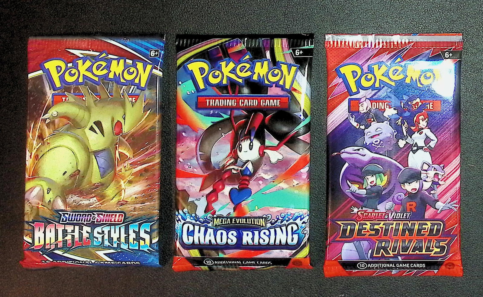 3 COUNT: 1 - Pokemon Battle Styles, 1 - Chaos Rising, & 1 - Destined Rivals Booster Packs: Pokemon Trading Card Game Cards, Charizard, Pikachu, Mewto, EX, Referse Holo, Holo Rare Cards, Secret Rare Cards, Full Art Cards, Evee, 3 Stars Ultra Rare Cards, Double Rare, Illustration Rare, Specia