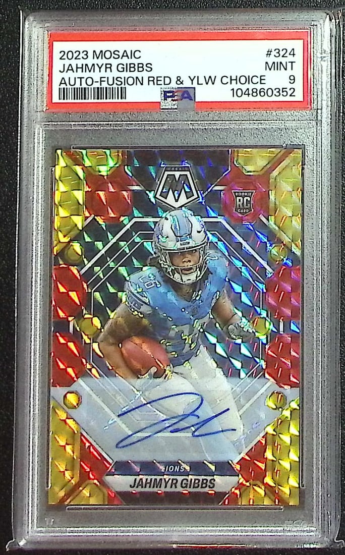 Jahmyr Gibbs Rookie Auto Fusion Red/Yellow Choice 2023 Mosaic #324 PSA 9 Lions: Panini Select, Prizm, Mosaic, Contenders, Zenith, Phoenix, Illusions, Absolute, Rookie NFL Sports Trading Cards, SP, SSP, Cards, Football Cards for Sale Near Me, Superbowl & Hall of Fame Player Cards,