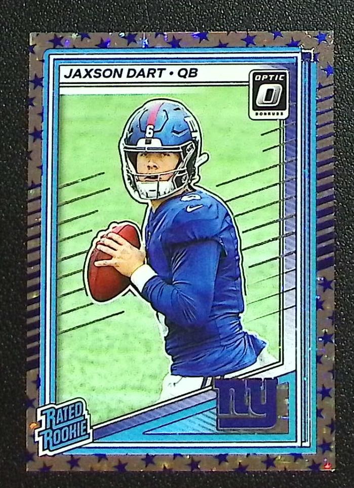 Jaxson Dart Rookie Card Stars Prizm 2025 Donruss Optic #273 New York Giants: Panini Select, Prizm, Mosaic, Contenders, Zenith, Phoenix, Illusions, Absolute, Rookie NFL Sports Trading Cards, SP, SSP, Cards, Football Cards for Sale Near Me, Superbowl & Hall of Fame Player Cards,