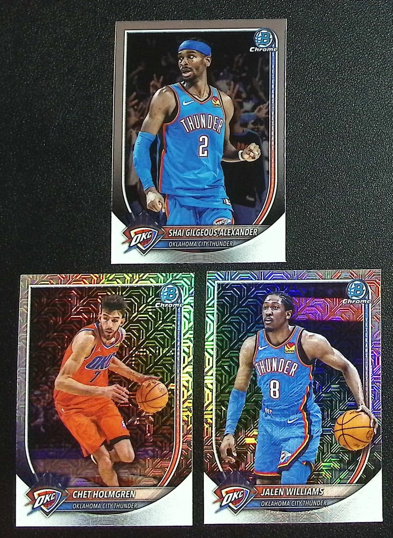 Lot of 3 2025-26 Bowman Chrome OKC Thunder Cards. 2 Mojo Refractors, 1 Base, See Pics: Panini Select, Prizm, Mosaic, Contenders, Revolution, Phoenix, NBA Hoops, Rookie NFL Sports Trading Cards, Silver, SP, SSP, Wave Prizms, Numbered Cards, Basketball sports Cards for Sale Near Me, NBA C