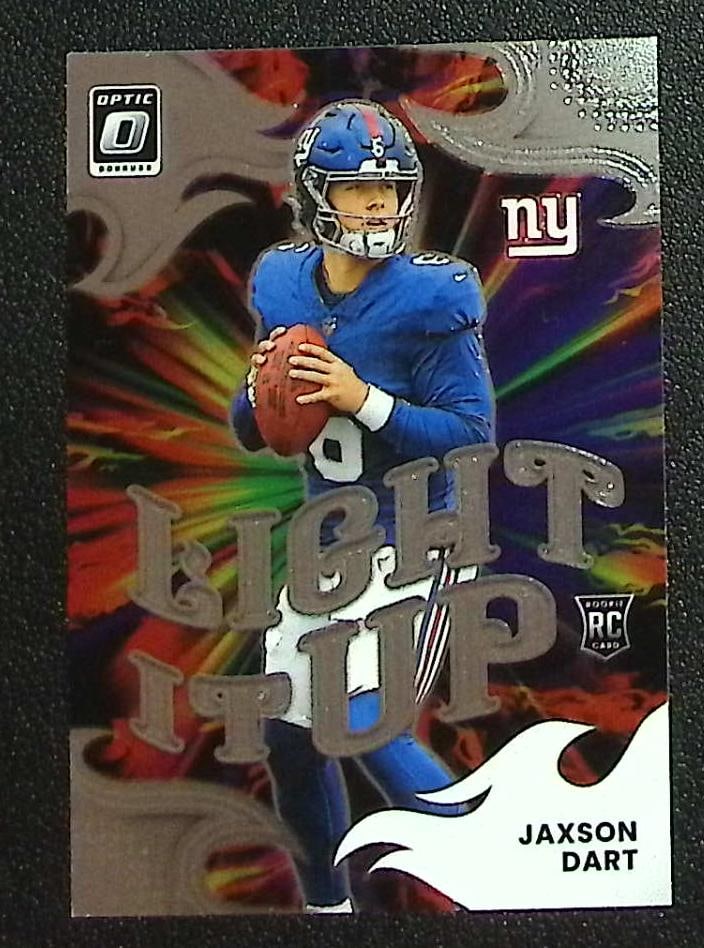Jaxson Dart Rookie Card Light It Up 2025 Donruss Optic #3 New York Giants: Panini Select, Prizm, Mosaic, Contenders, Zenith, Phoenix, Illusions, Absolute, Rookie NFL Sports Trading Cards, SP, SSP, Cards, Football Cards for Sale Near Me, Superbowl & Hall of Fame Player Cards,