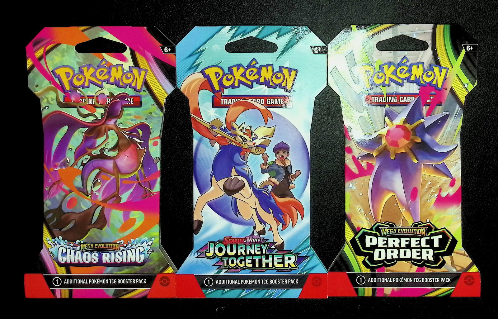 3 COUNT: 1 - Pokemon Chaos Rising, 1 - Journey Together, 1 - Perfect Order Booster Packs: Pokemon Trading Card Game Cards, Charizard, Pikachu, Mewto, EX, Referse Holo, Holo Rare Cards, Secret Rare Cards, Full Art Cards, Evee, 3 Stars Ultra Rare Cards, Double Rare, Illustration Rare, Specia