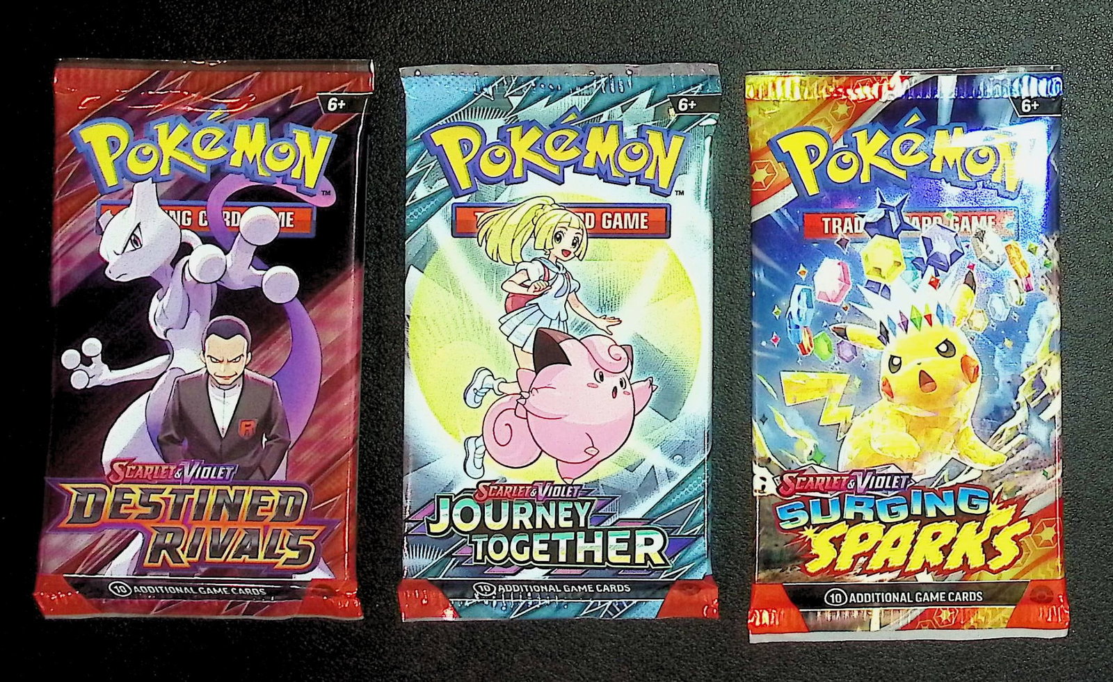 3 COUNT: 1 - Destined Rivals, 1 - Pokemon Journey Together, & 1 - Surging Sparks: Pokemon Trading Card Game Cards, Charizard, Pikachu, Mewto, EX, Referse Holo, Holo Rare Cards, Secret Rare Cards, Full Art Cards, Evee, 3 Stars Ultra Rare Cards, Double Rare, Illustration Rare, Specia