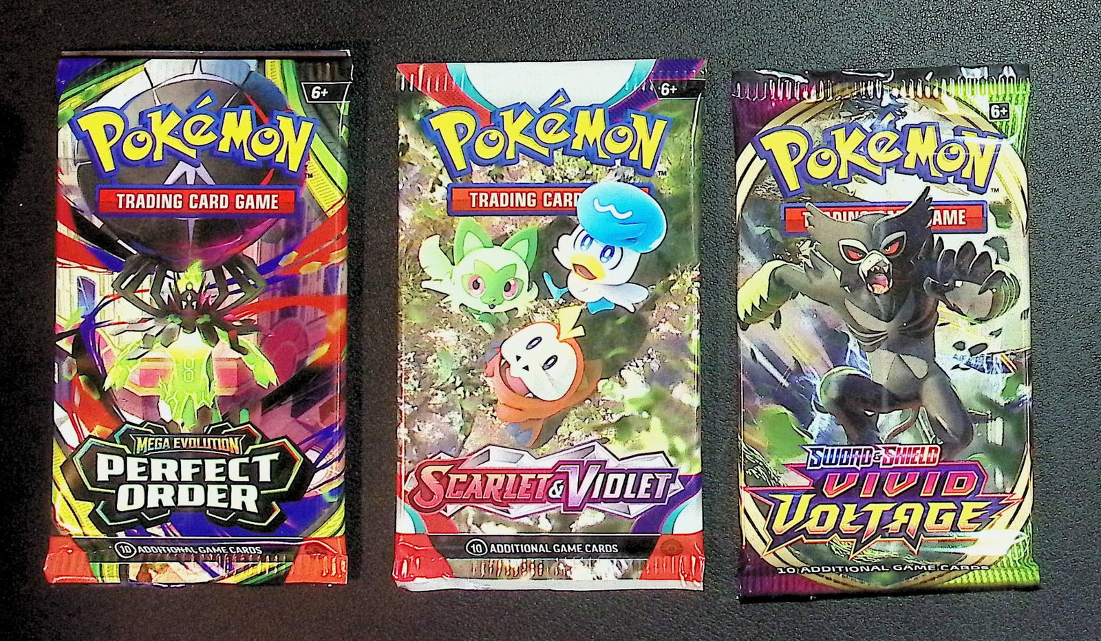 3 COUNT: 1 - Pokemon Perfect Order, 1 - Scarlet & Violet, & 1 - Vivid Voltage Booster Packs: Pokemon Trading Card Game Cards, Charizard, Pikachu, Mewto, EX, Referse Holo, Holo Rare Cards, Secret Rare Cards, Full Art Cards, Evee, 3 Stars Ultra Rare Cards, Double Rare, Illustration Rare, Specia