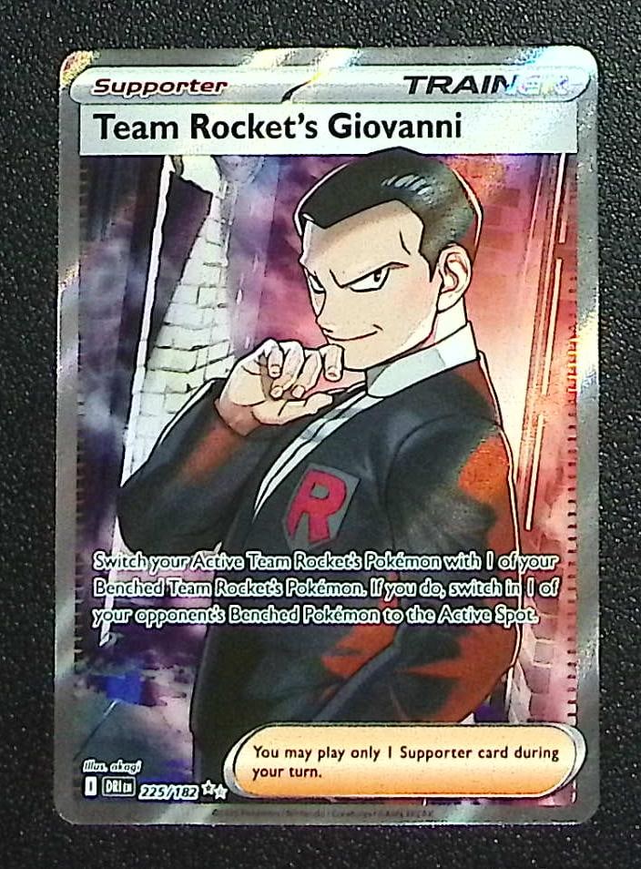 Pokemon Destined Rivals Team Rocket's Giovanni Ultra Rare #225: Pokemon Trading Card Game Cards, Charizard, Pikachu, Mewtwo, Reverse Holo, Holo Rare, Secret Rare Cards, Full Art Cards, Eevee, Ultra Rare Card, Illustration Rare, Special Illustration Rare SIR