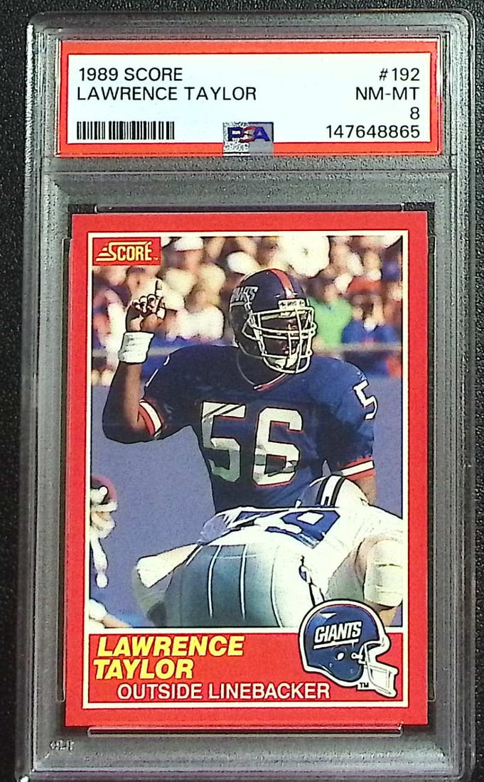 Lawrence Taylor 1989 Score #192 PSA 8 New York Giants: Panini Select, Prizm, Mosaic, Contenders, Zenith, Phoenix, Illusions, Absolute, Rookie NFL Sports Trading Cards, SP, SSP, Cards, Football Cards for Sale Near Me, Superbowl & Hall of Fame Player Cards,