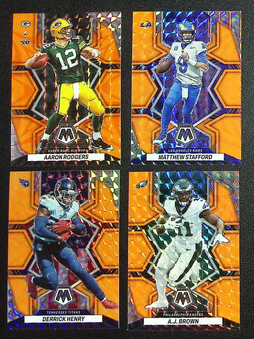 Lot of 4 2022 Mosaic NFL Orange Reactive Prizms. Rodgers, Stafford, Henry, Aj Brown (1 of 2)