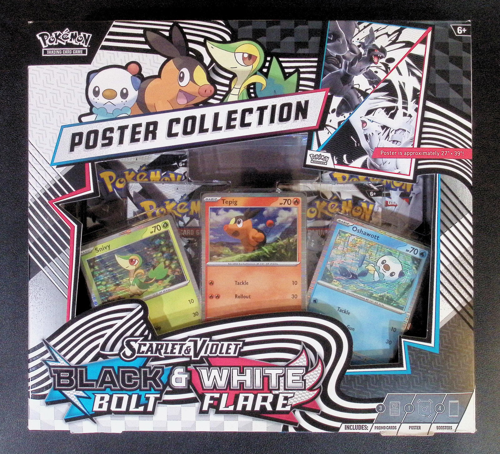 Pokemon Scarlet & Violet Black Bolt & White Flare Unova Poster Collection - 4 Booster Packs: Pokemon Trading Card Game Cards, Charizard, Pikachu, Mewto, EX, Referse Holo, Holo Rare Cards, Secret Rare Cards, Full Art Cards, Evee, 3 Stars Ultra Rare Cards, Double Rare, Illustration Rare, Specia