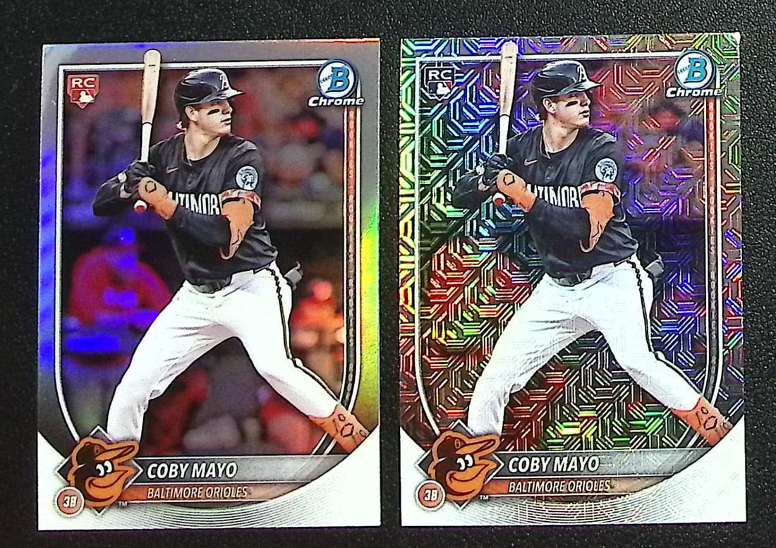 Lot of 2 Coby Mayo Bowman Chrome Rookie Cards. Red Rookie Logo & Mojo Refractor: Topps Baseball MLB Trading & Sports Cards, Sports Cards for Sale Near Me, World Series & Hall of Fame Players Memorabilia, Refractors, X-Fractors, Numbered, SP, SSP, Valuable Auction Memorabilia Lots 