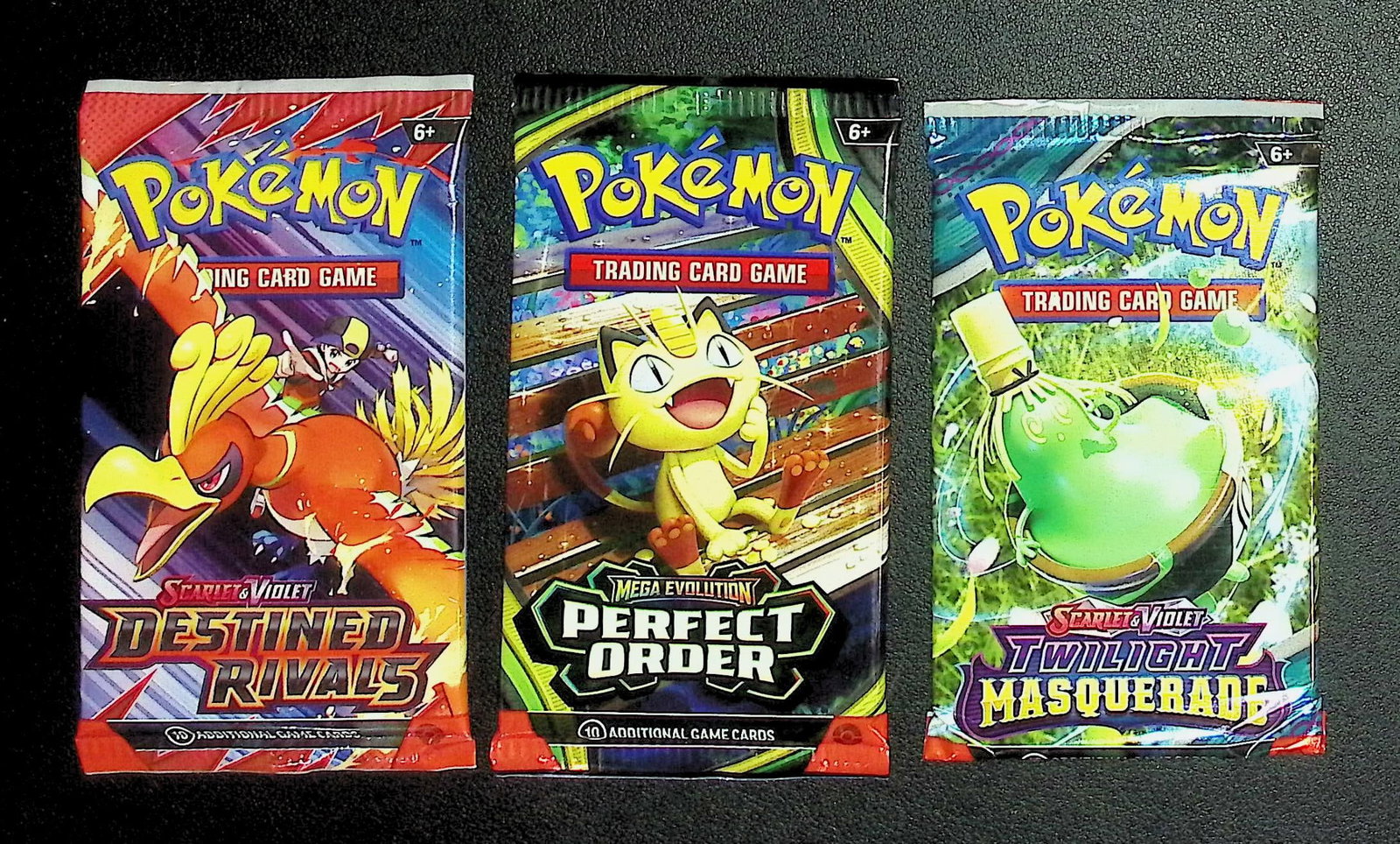 3 COUNT: 1 - Pokemon Destined Rivals, 1 - Perfect Order, & 1 - Twilight Masquerade Booster Packs: Pokemon Trading Card Game Cards, Charizard, Pikachu, Mewto, EX, Referse Holo, Holo Rare Cards, Secret Rare Cards, Full Art Cards, Evee, 3 Stars Ultra Rare Cards, Double Rare, Illustration Rare, Specia