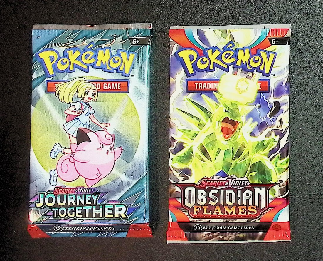2 COUNT: 1 - Pokemon Journey Together, 1 - Obsidian Flames Booster Packs: Pokemon Trading Card Game Cards, Charizard, Pikachu, Mewto, EX, Referse Holo, Holo Rare Cards, Secret Rare Cards, Full Art Cards, Evee, 3 Stars Ultra Rare Cards, Double Rare, Illustration Rare, Specia
