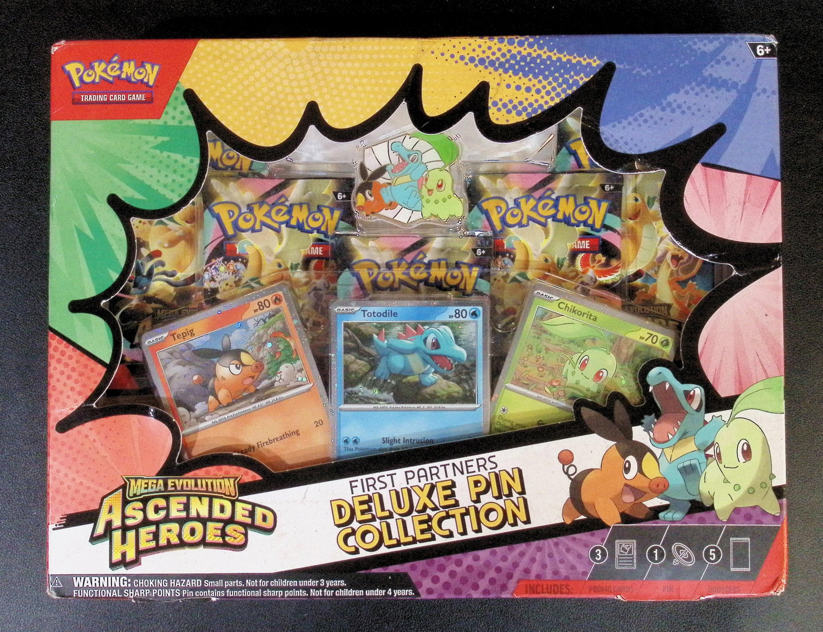 Pokemon Mega Evolution Ascended Heroes 1st Partners Deluxe Pin Collection Contents are fine but some: Collection Contents are fine but some box damage. Pokemon Trading Card Game Cards, Charizard, Pikachu, Mewto, EX, Referse Holo, Holo Rare Cards, Secret Rare Cards, Full Art Cards, Evee, 3 Stars Ultra 