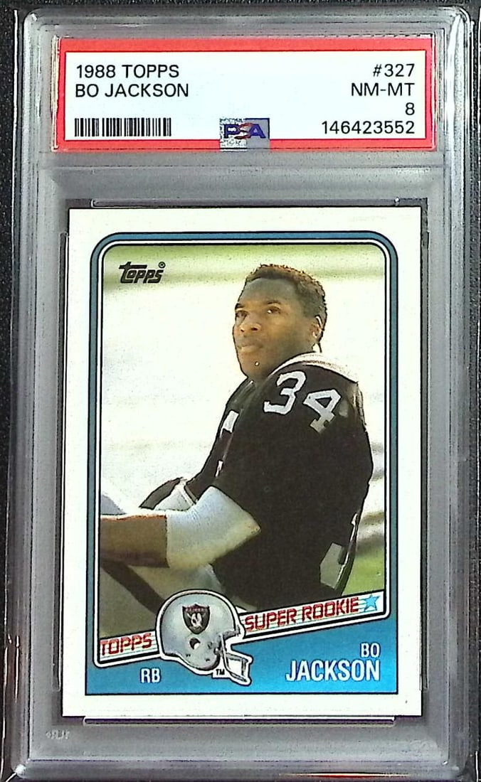 Bo Jackson Super Rookie 1988 Topps #327 PSA 8 Los Angeles Raiders: Topps Football NFL Trading Sports Cards, Sports Cards for Sale Near Me, Super Bowl & Hall of Fame Player Cards, Resurgence, Composite, SP, SSP, Valuable Auction Memorabilia Lots For Sale On Line