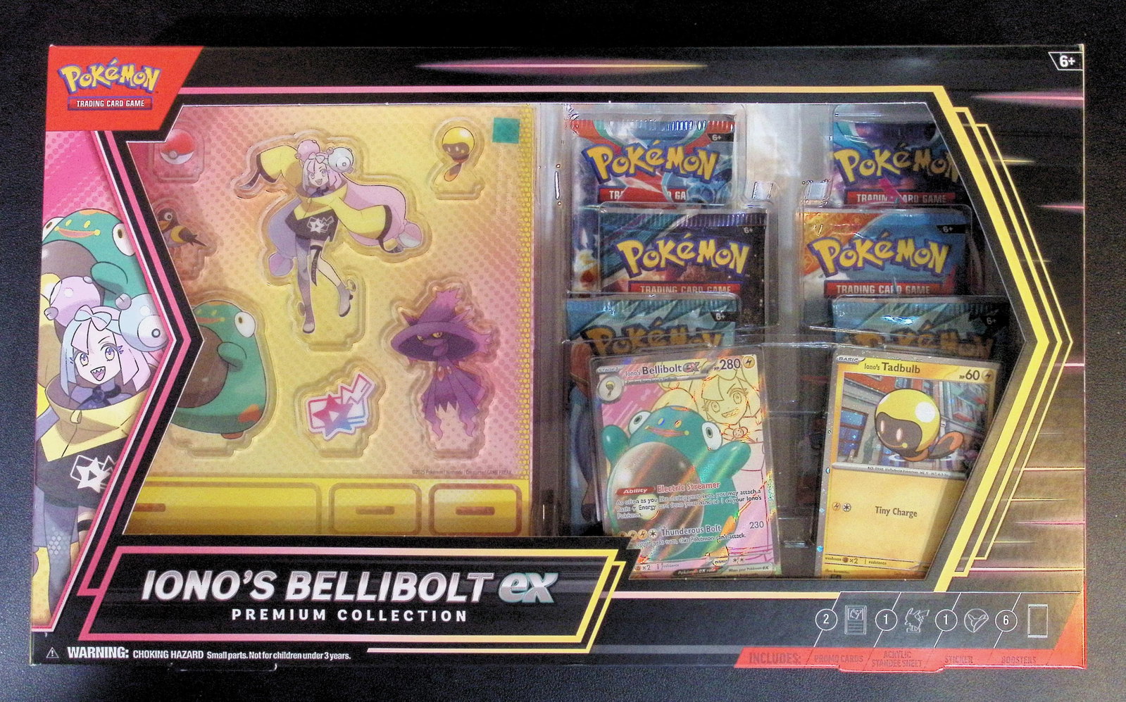 2025 Pokemon Iono's Bellibolt ex Premium Collection 6 Booster Packs, 1 Full Art Foil Promo, 1 Foil: Pokemon Trading Card Game Cards, Charizard, Pikachu, Mewto, EX, Referse Holo, Holo Rare Cards, Secret Rare Cards, Full Art Cards, Evee, 3 Stars Ultra Rare Cards, Double Rare, Illustration Rare, Specia