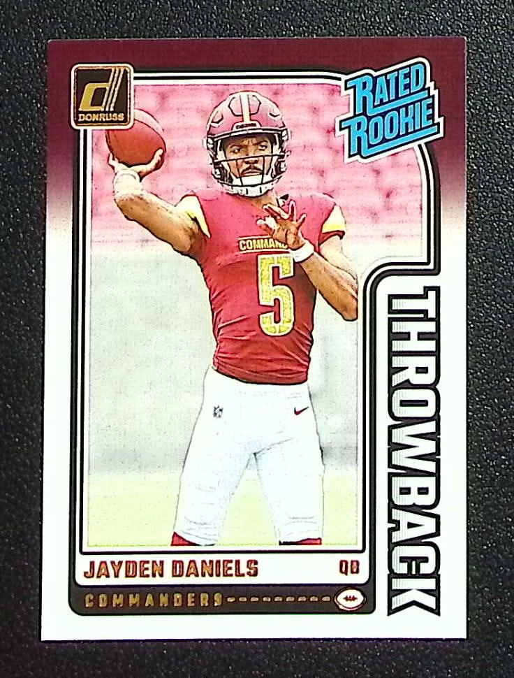 Jayden Daniels Rookie Card Throwback 2024 Panini Donruss #43 Commanders: Panini Select, Prizm, Mosaic, Contenders, Zenith, Phoenix, Illusions, Absolute, Rookie NFL Sports Trading Cards, SP, SSP, Cards, Football Cards for Sale Near Me, Superbowl & Hall of Fame Player Cards,