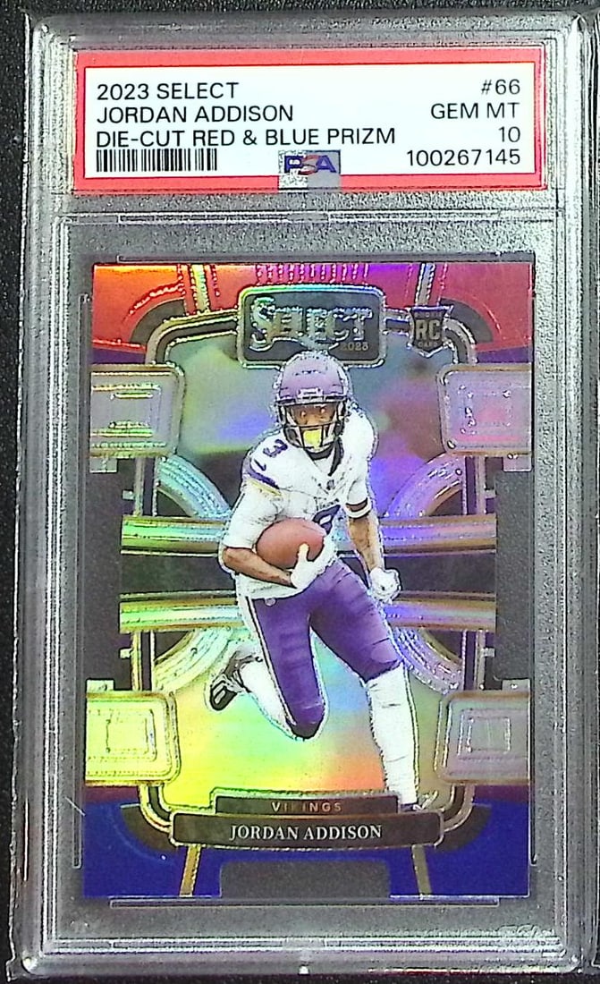 Jordan Addison Rookie Card Red/Blue Prizm Die Cut 2023 Select #66 PSA 10 Vikings (1 of 2)