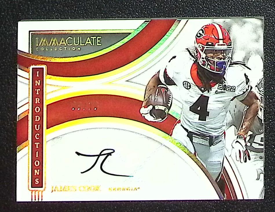 James Cook Rookie Auto Gold /10 2022 Immaculate Collection Collegiate #II-JCO: Panini Select, Prizm, Mosaic, Contenders, Zenith, Phoenix, Illusions, Absolute, Rookie NFL Sports Trading Cards, SP, SSP, Cards, Football Cards for Sale Near Me, Superbowl & Hall of Fame Player Cards,