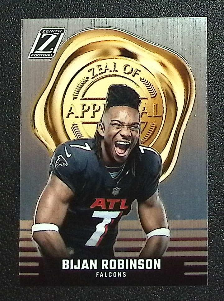 Bijan Robinson Rookie Card Zeal of Approval 2023 Panini Zenith #27 Atlanta Falcons: Panini Select, Prizm, Mosaic, Contenders, Zenith, Phoenix, Illusions, Absolute, Rookie NFL Sports Trading Cards, SP, SSP, Cards, Football Cards for Sale Near Me, Superbowl & Hall of Fame Player Cards,