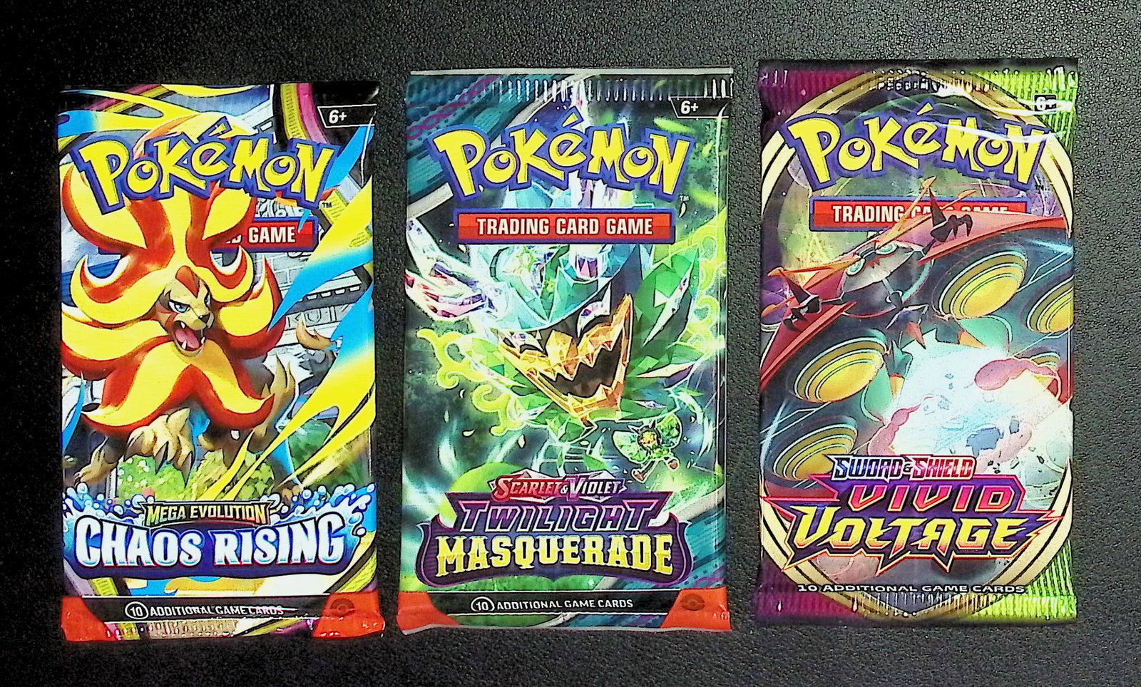 3 COUNT: 1 - Pokemon Chaos Rising, 1 - Twilight Masquerade, & 1 Vivid Voltage Booster Packs: Pokemon Trading Card Game Cards, Charizard, Pikachu, Mewto, EX, Referse Holo, Holo Rare Cards, Secret Rare Cards, Full Art Cards, Evee, 3 Stars Ultra Rare Cards, Double Rare, Illustration Rare, Specia