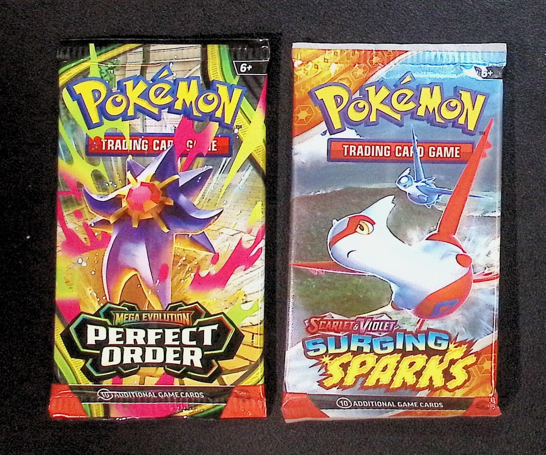 3 COUNT: 1 - Pokemon Perfect Order & 1 - Surging Sparks Booster Packs: Pokemon Trading Card Game Cards, Charizard, Pikachu, Mewto, EX, Referse Holo, Holo Rare Cards, Secret Rare Cards, Full Art Cards, Evee, 3 Stars Ultra Rare Cards, Double Rare, Illustration Rare, Specia