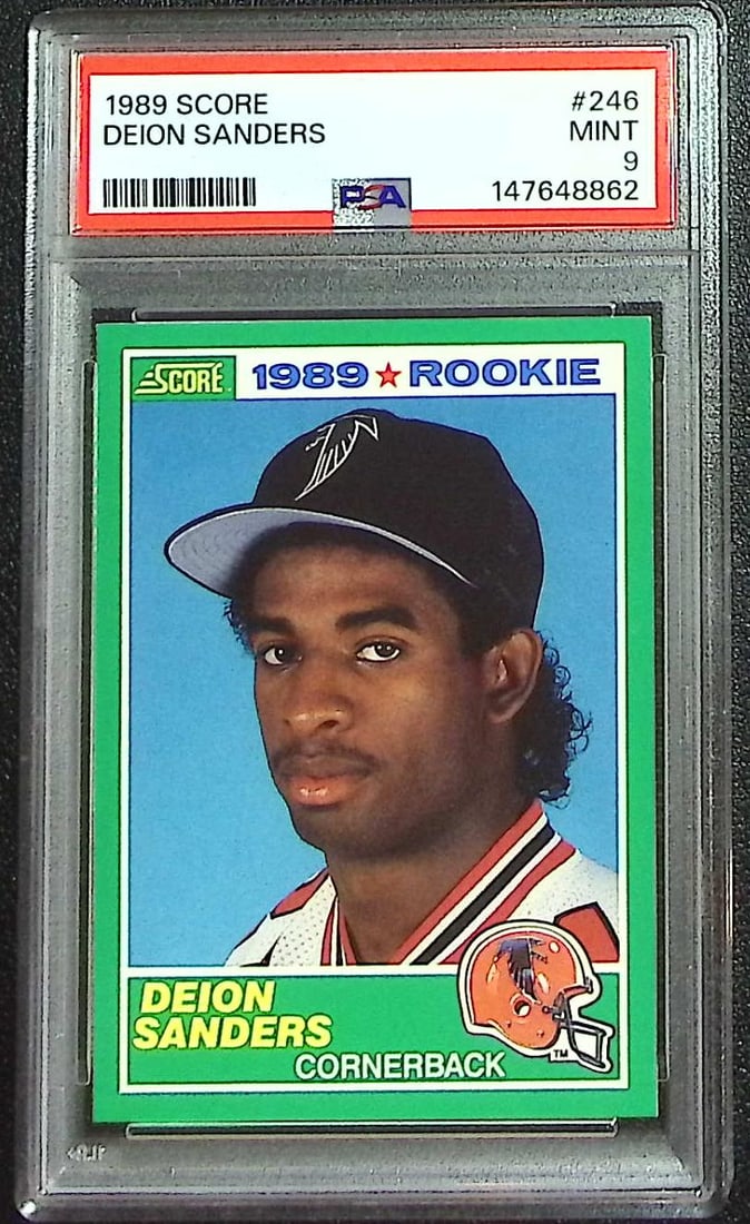Deion Sanders Rookie Card 1989 Score #246 PSA 9 Atlanta Falcons: Score Football NFL Trading Cards, Old Sports Cards for Sale Near Me, Hall of Fame & Super Bowl Player Cards, Auction Memorabilia Lots for Sale on Line
