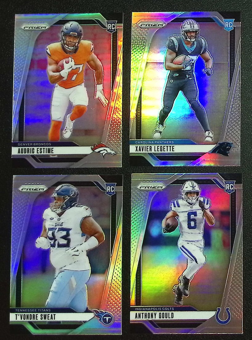 Lot of 4 2024 Panini Prizm NFL Rookie Silver Prizms. Estime, Legette, Sweat, Gould: Panini Select, Prizm, Mosaic, Contenders, Zenith, Phoenix, Illusions, Absolute, Rookie NFL Sports Trading Cards, SP, SSP, Cards, Football Cards for Sale Near Me, Superbowl & Hall of Fame Player Cards,