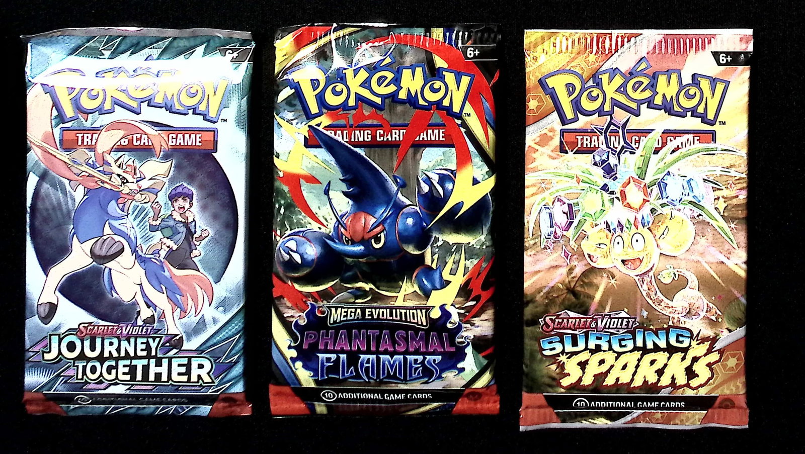 3 COUNT: 1 - Pokemon Journey Together, 1 - Phantasmal Flames, & 1 - Surging Sparks Booster Packs: Pokemon Trading Card Game Cards, Charizard, Pikachu, Mewto, EX, Referse Holo, Holo Rare Cards, Secret Rare Cards, Full Art Cards, Evee, 3 Stars Ultra Rare Cards, Double Rare, Illustration Rare, Specia
