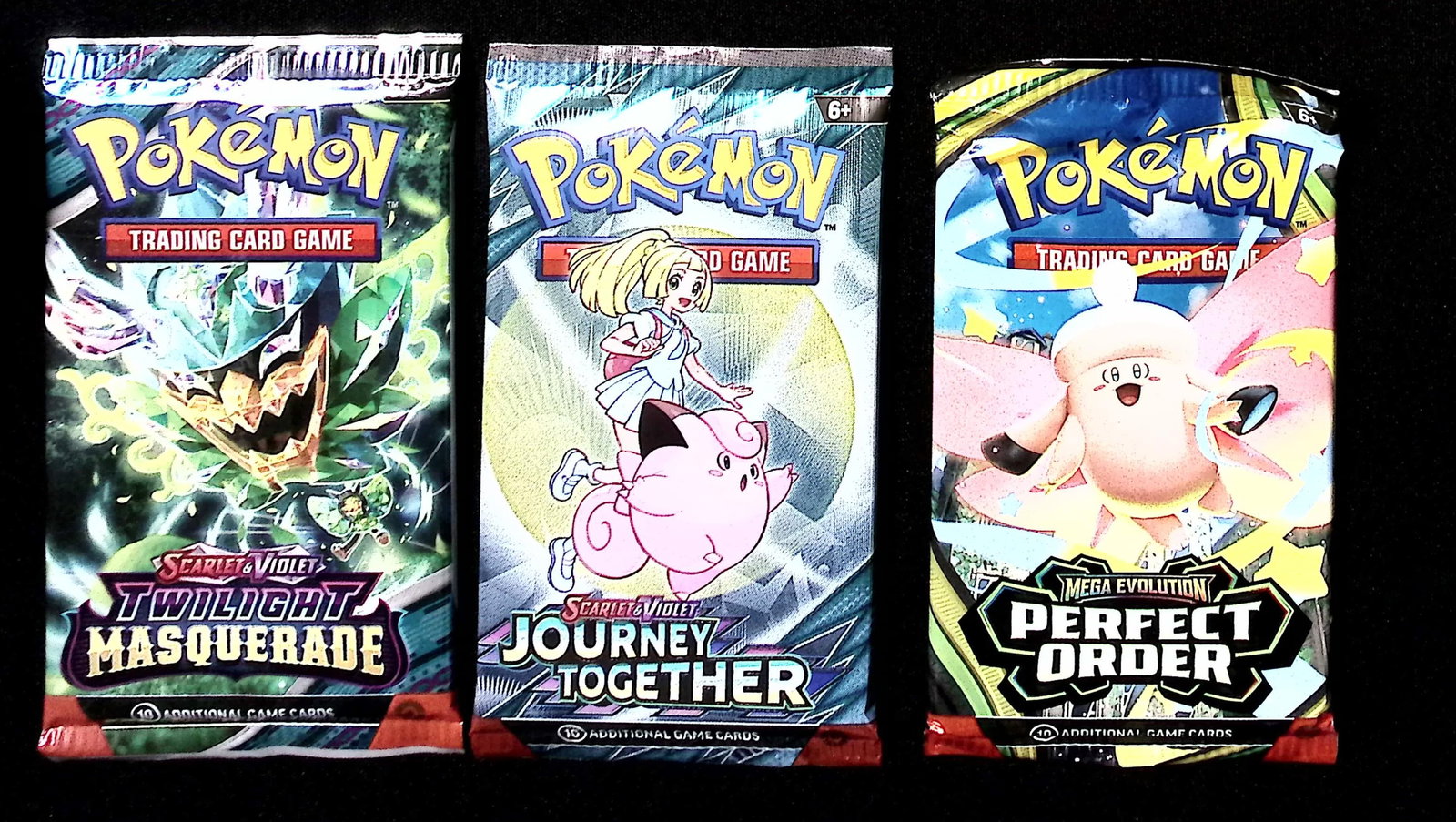 3 COUNT: 1 - Pokemon Journey Together, 1 - Perfect Order, & 1 - Twilight Masquerade Booster Packs: Pokemon Trading Card Game Cards, Charizard, Pikachu, Mewto, EX, Referse Holo, Holo Rare Cards, Secret Rare Cards, Full Art Cards, Evee, 3 Stars Ultra Rare Cards, Double Rare, Illustration Rare, Specia