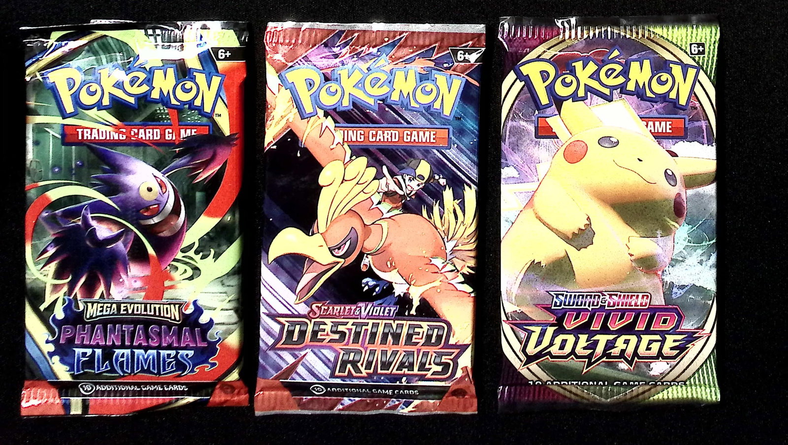 3 COUNT: 1 - Pokemon Destined Rivals, 1 - Phantasmal Flames, & 1 - Vivid Voltage Booster Packs: Pokemon Trading Card Game Cards, Charizard, Pikachu, Mewto, EX, Referse Holo, Holo Rare Cards, Secret Rare Cards, Full Art Cards, Evee, 3 Stars Ultra Rare Cards, Double Rare, Illustration Rare, Specia