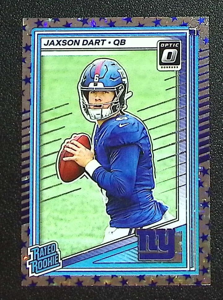Jaxson Dart Rookie Card Stars Prizm 2025 Donruss Optic #273 New York Giants: Panini Select, Prizm, Mosaic, Contenders, Zenith, Phoenix, Illusions, Absolute, Rookie NFL Sports Trading Cards, SP, SSP, Cards, Football Cards for Sale Near Me, Superbowl & Hall of Fame Player Cards,