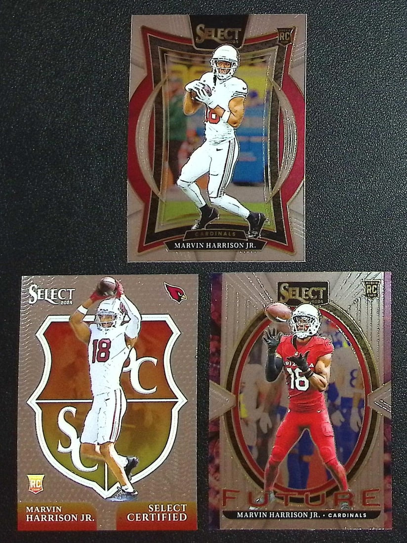 Lot of 3 Marvin Harrison Jr. Rookie Cards. All Panini Select, All Different, See Pictures: Panini Select, Prizm, Mosaic, Contenders, Zenith, Phoenix, Illusions, Absolute, Rookie NFL Sports Trading Cards, SP, SSP, Cards, Football Cards for Sale Near Me, Superbowl & Hall of Fame Player Cards,