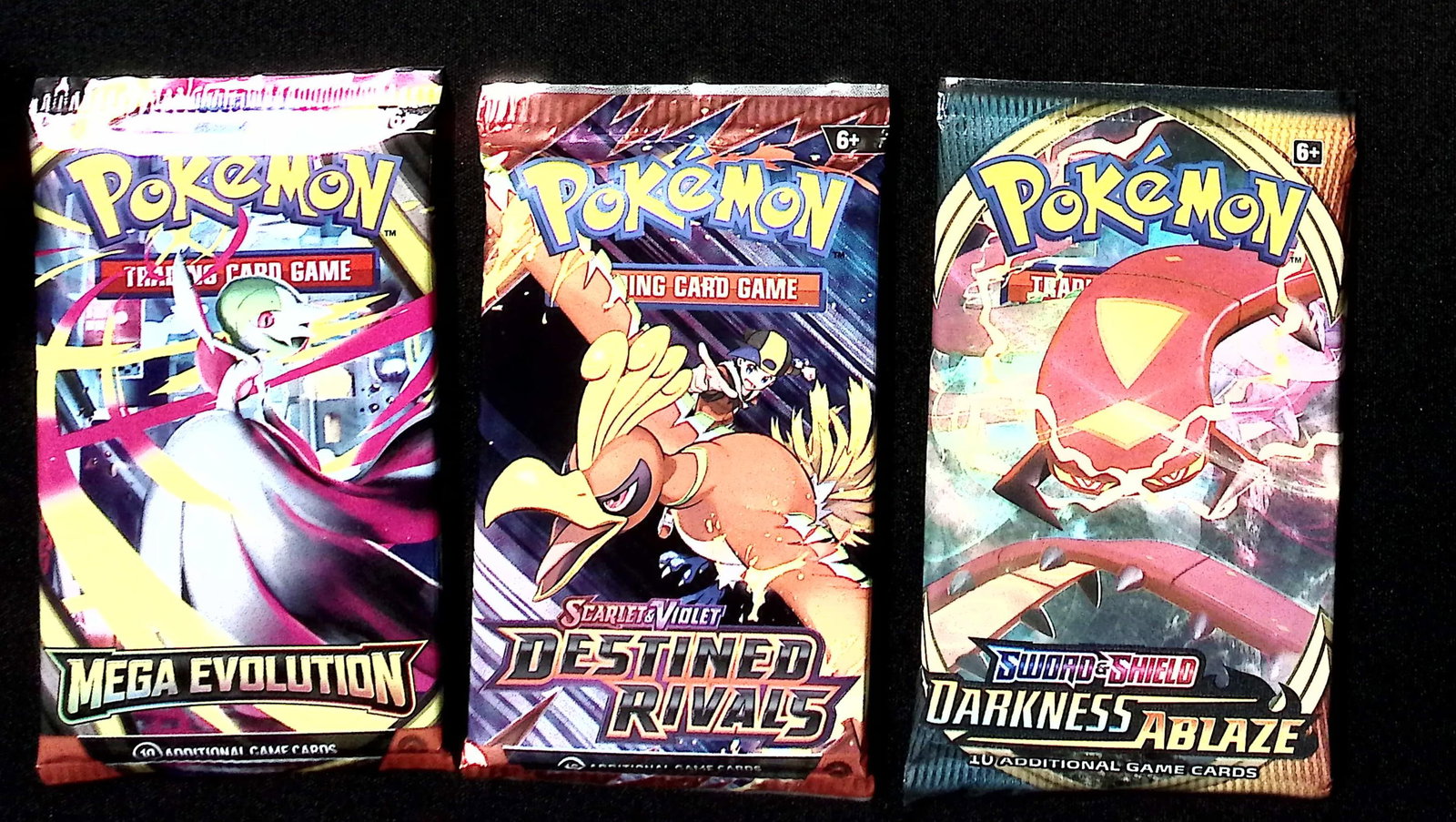 3 COUNT: 1 - Pokemon Darkness Ablaze, 1 - Destined Rivals, & 1 - Mega Evolution Booster Packs: Pokemon Trading Card Game Cards, Charizard, Pikachu, Mewto, EX, Referse Holo, Holo Rare Cards, Secret Rare Cards, Full Art Cards, Evee, 3 Stars Ultra Rare Cards, Double Rare, Illustration Rare, Specia