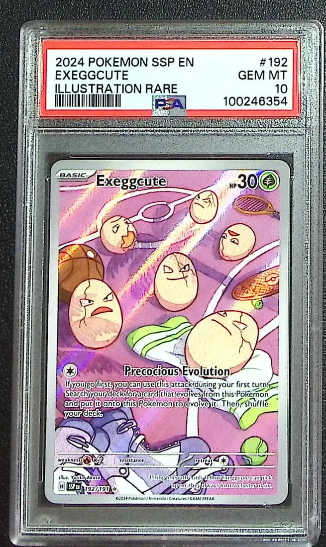 Pokemon Surging Sparks Exeggcute Illustration Rare #192 PSA 10: Pokemon Trading Card Game Cards, Charizard, Pikachu, Mewtwo, Reverse Holo, Holo Rare, Secret Rare Cards, Full Art Cards, Eevee, Ultra Rare Card, Illustration Rare, Special Illustration Rare SIR
