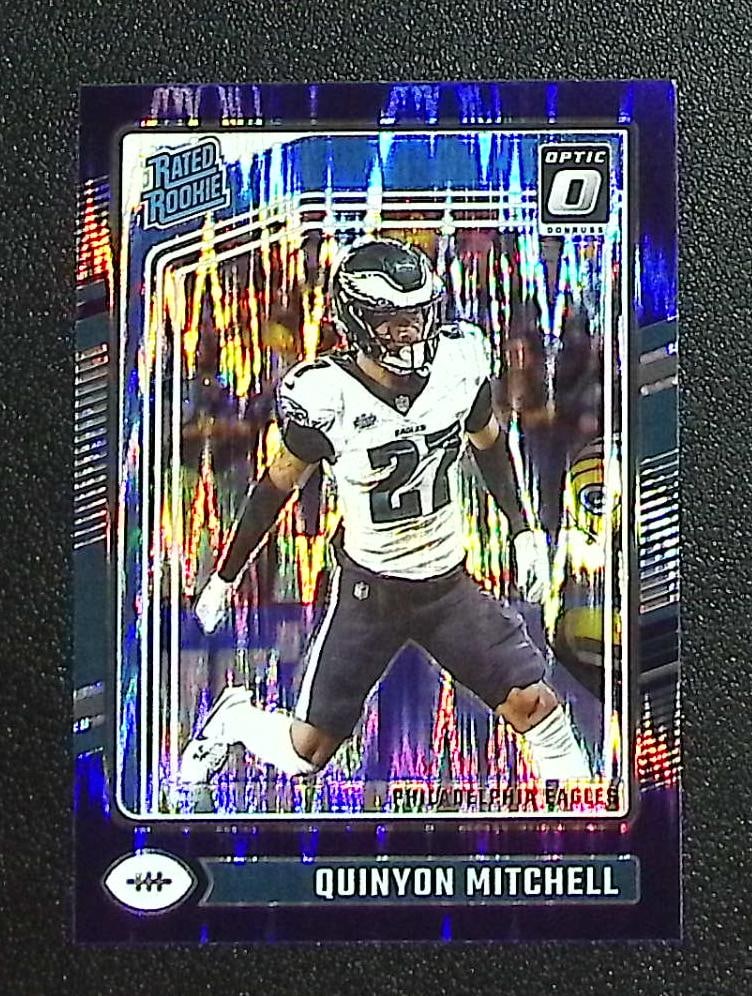 Quinyon Mitchell Rookie Card Purple Shock Prizm 2024 Donruss Optic #282 Eagles: Panini, Donruss Optic, & Donruss Select, Prizm, Mosaic, Contenders, Zenith, Phoenix, Illusions, Absolute, Rookie NFL Sports Trading Cards, SP, SSP, Cards, Football Cards for Sale Near Me, Superbowl & 