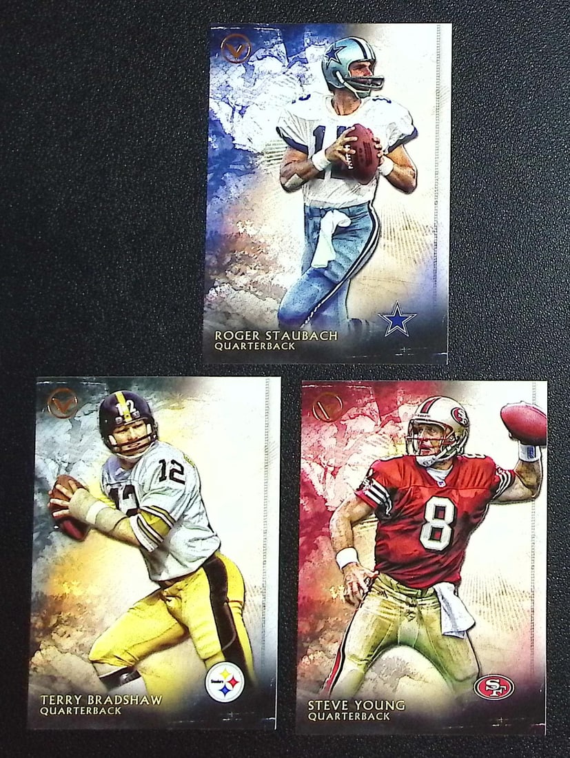 Lot of 3 2015 Topps Valor QB Cards. Roger Staubach, Terry Bradshaw, Steve Young (1 of 2)