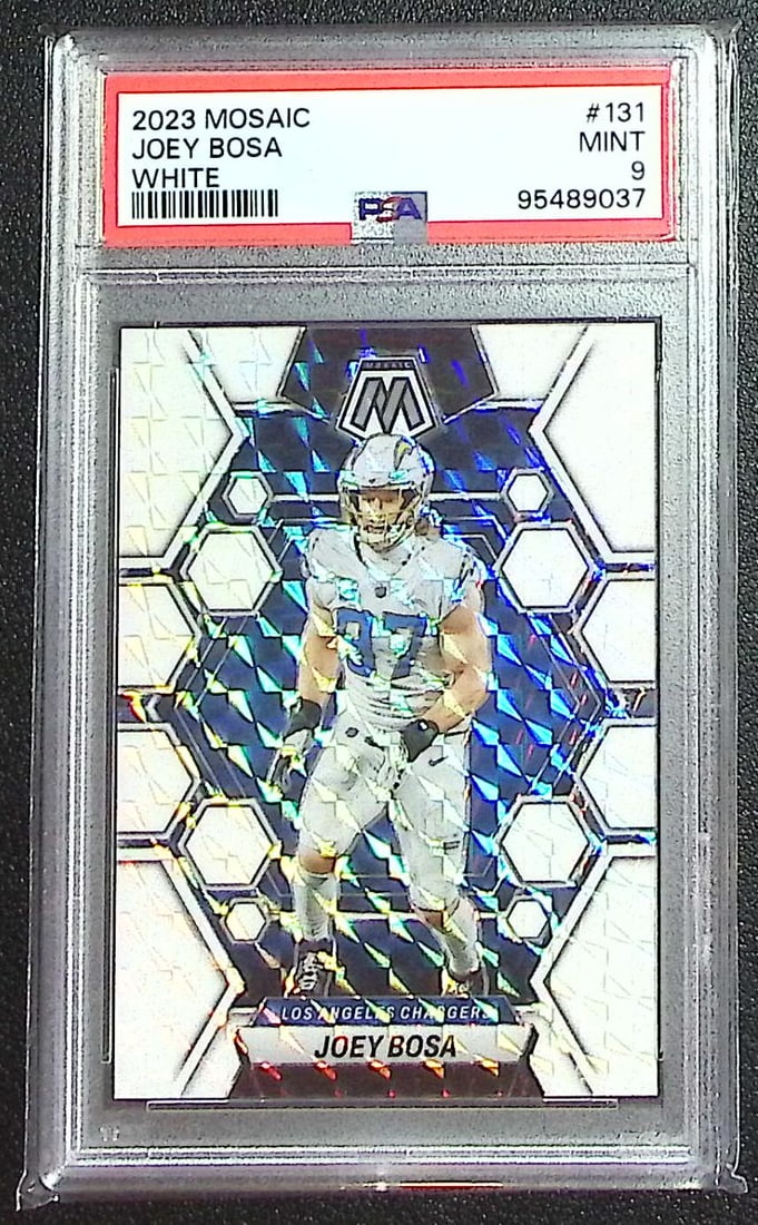 Joey Bosa White Mosaic Prizm /25 2023 Mosaic #131 PSA 9: Panini Select, Prizm, Mosaic, Contenders, Zenith, Phoenix, Illusions, Absolute, Rookie NFL Sports Trading Cards, SP, SSP, Cards, Football Cards for Sale Near Me, Superbowl & Hall of Fame Player Cards,
