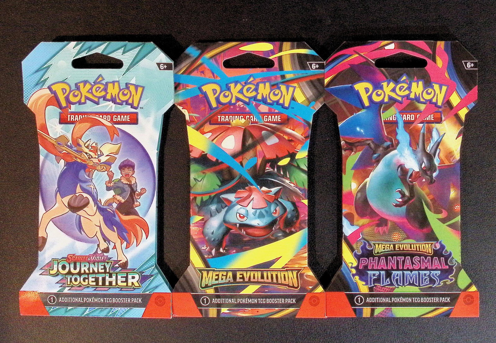3 COUNT: 1 - Pokemon Journey Together, 1 - Mega Evolution & 1 - Phantasmal Flames Booster Packs: Pokemon Trading Card Game Cards, Charizard, Pikachu, Mewto, EX, Referse Holo, Holo Rare Cards, Secret Rare Cards, Full Art Cards, Evee, 3 Stars Ultra Rare Cards, Double Rare, Illustration Rare, Specia